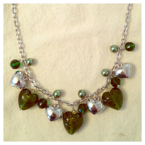 Silver Tone Metal & Green Plastic Hearts