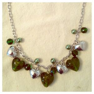 Silver Tone Metal & Green Plastic Hearts