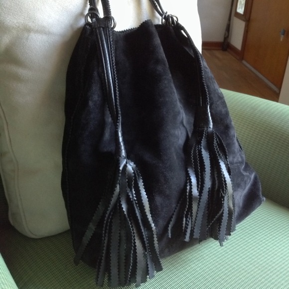 BOTTEGA VENETA Suede Drawstring Tassel Black Bag - Picture 2 of 4