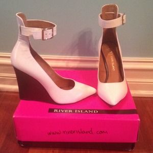 River Island White Ankle Strap Pointed Croc Wedges