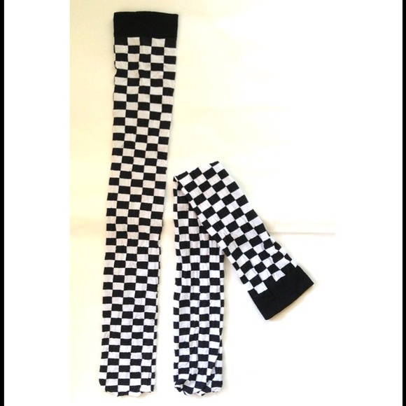 Checkerboard Thight High Stocking White/ Black - Picture 2 of 2