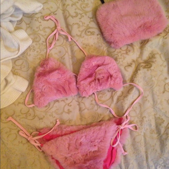 Other - Genuine rabbit fur pink bikini w matching clutch