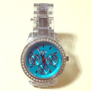 Turquoise fossil watch with clear band