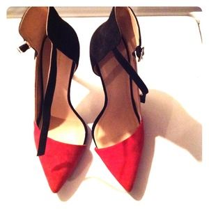 Zara Red/black pointy toe suede heels Sz 38