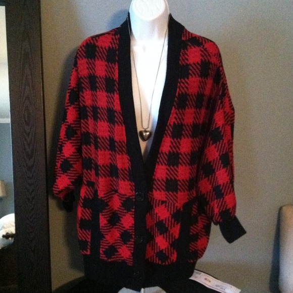 Red and black plaid oversized cardigan