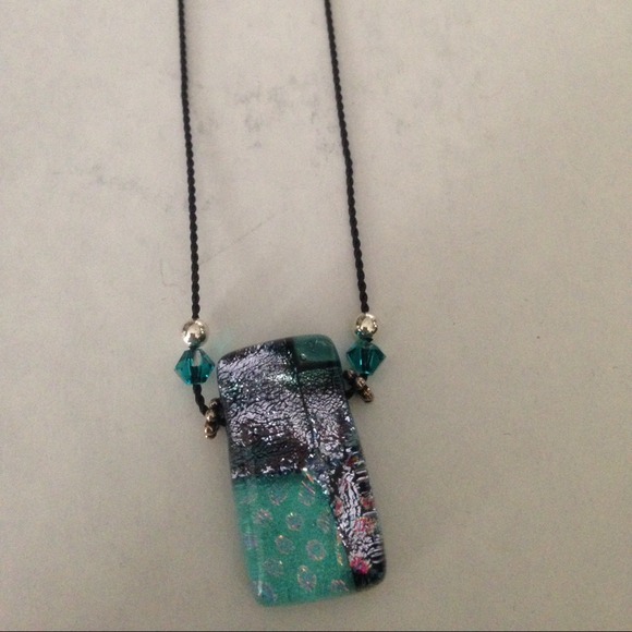 Pretty black cord necklace with green/silver stone