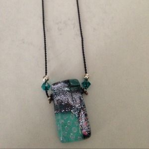 Pretty black cord necklace with green/silver stone