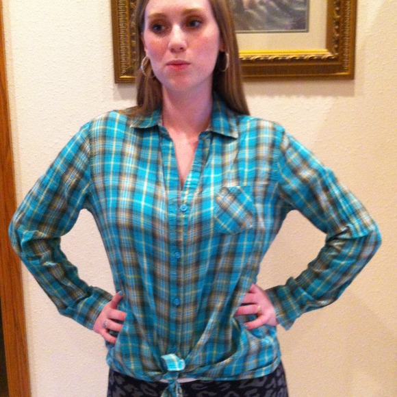 Teal and Yellow Button Up Plaid Shirt