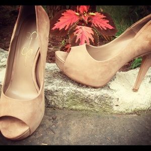 Jessica Simpson suede, nude, peep-toe pumps.