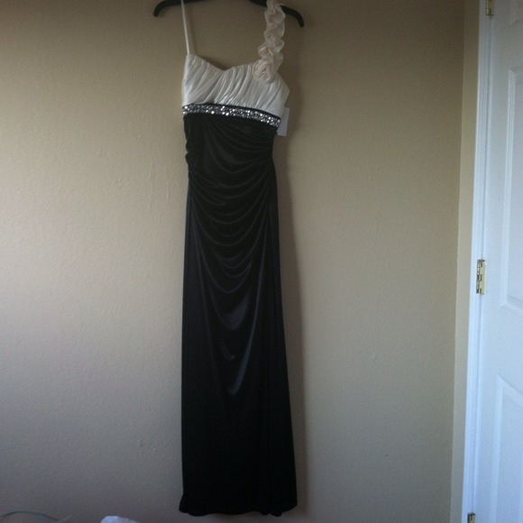 One Shoulder Black/ Cream Evening Gown