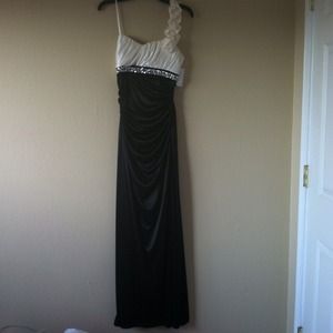 One Shoulder Black/ Cream Evening Gown