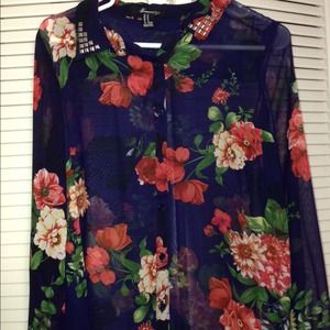 Navy floral long sleeve top with stud detail