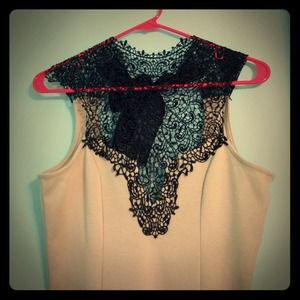 Beige Body Con Dress w/black lace trim