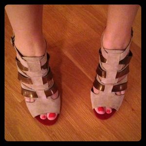 Calvin Klein red, taupe and gold heels