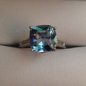 Cushion Cut Topaz and Diamond Accent Ring 10K Gold