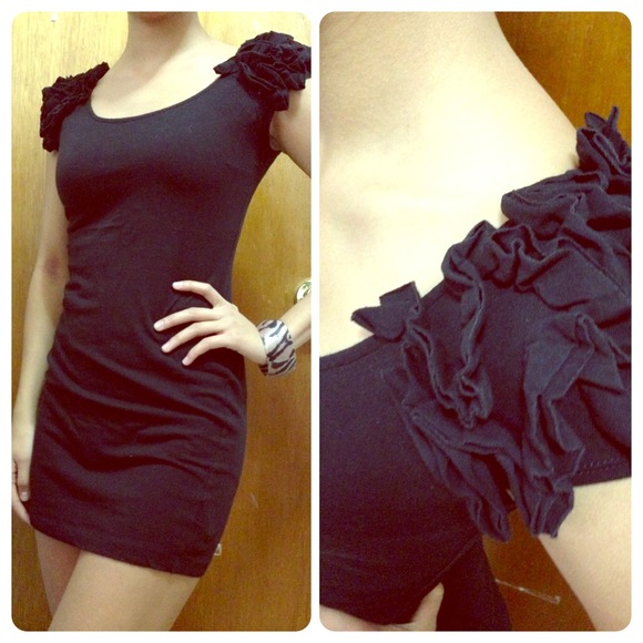 Little black dress with ruffle shoulder decor