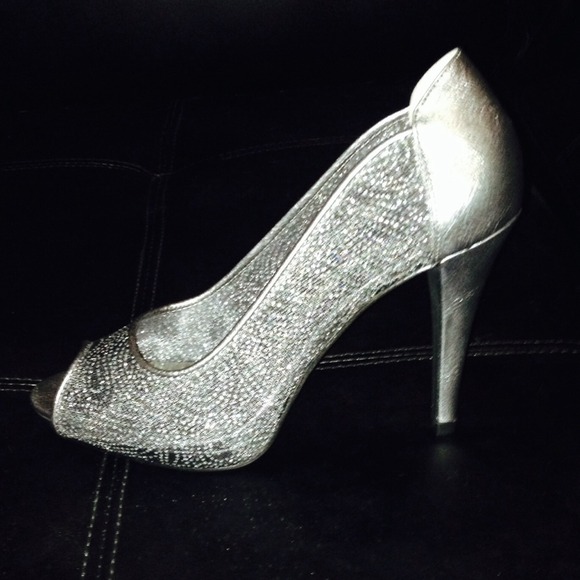 Pewter and black peep toe shoes