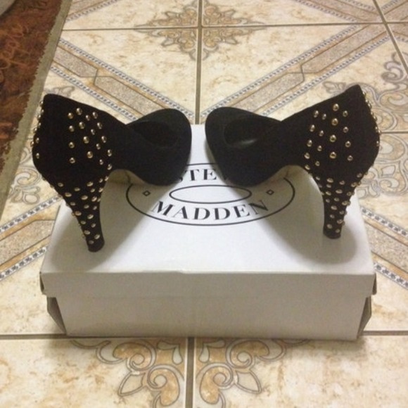 Black Suede Pumps with Gold Studs