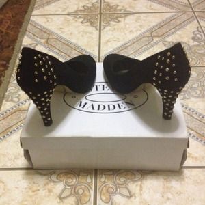 Black Suede Pumps with Gold Studs