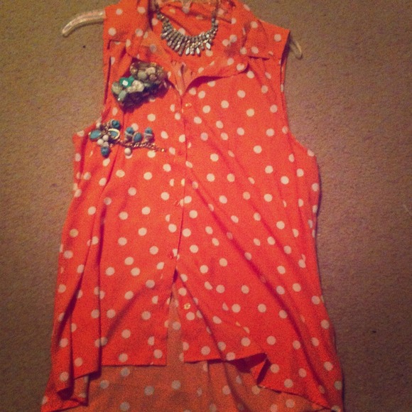 Coral and White Polka Dot High-Low Flowy Top