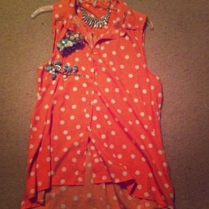 Coral and White Polka Dot High-Low Flowy Top