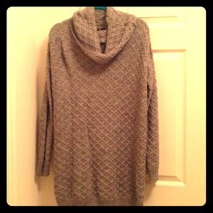 Gray sweater dress and cream cardigan