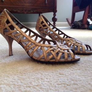 Bronze snakeskin open toe heels