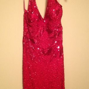 100% silk red sequin halter top dress .