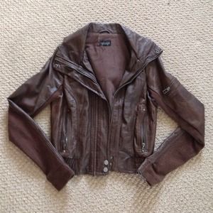 Brown faux leather bomber jacket with hood
