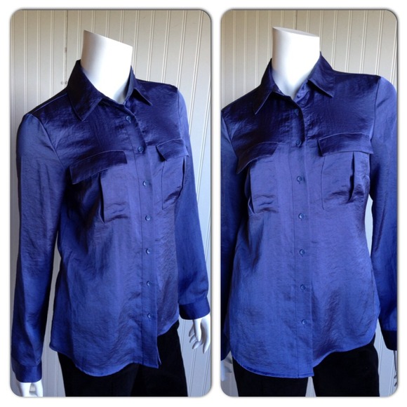 MANGO Satin-Like Blue Long Sleeve Dress Shirt