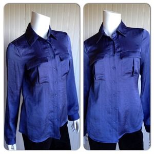 MANGO Satin-Like Blue Long Sleeve Dress Shirt