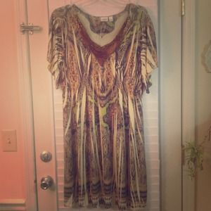 Print dress with embellished neck!