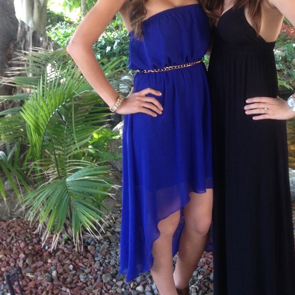 Royal blue hi-lo strapless dress w/gold chain belt