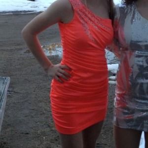 Coral, cocktail dress.