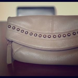 Studded Grey Leather Foldover Clutch