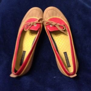 Beige and Red Flat slip ons