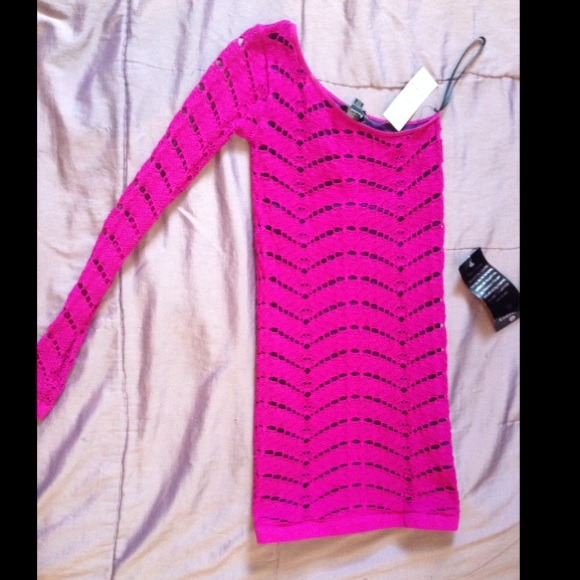 Bebe Fuschia and Purple One Shoulder Laced Dress