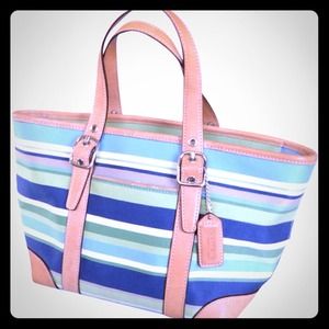 Coach Hampton Stripe Blue, Lime, Tan & White Tote