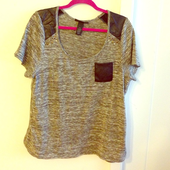 Gray/gold top with vinyl (fake leather) detailing