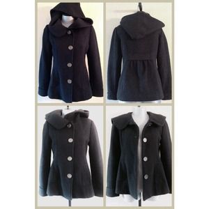 Black Textured Hooded Pea Coat with Fitted Waist
