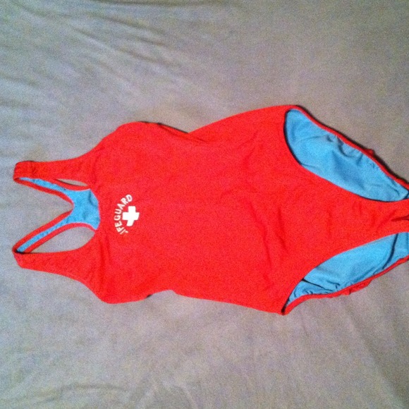 Red lifeguard one piece bathing suit