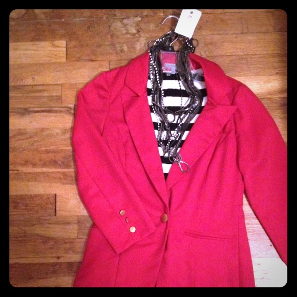 Red blazer with black and white striped lining