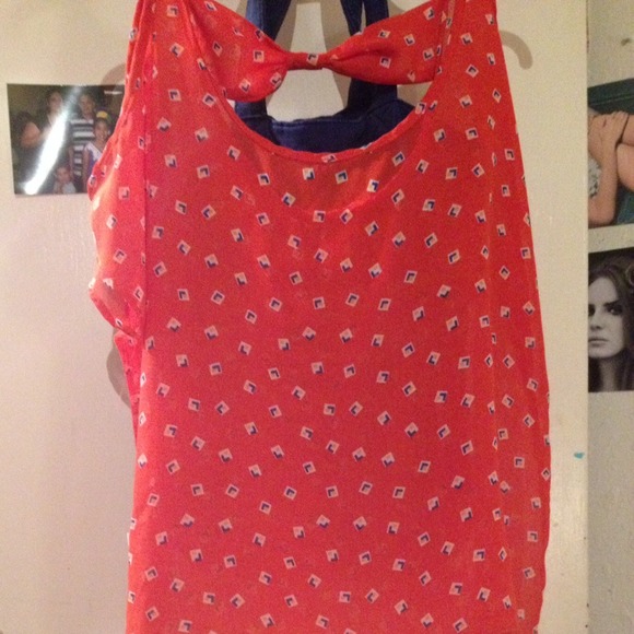 Mesh orange bow cut out back blouse.