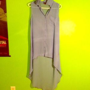 Sheer baby blue button up shirt, high to low