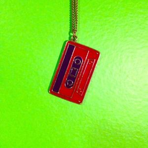 Pink and blue cassette necklace on silver chain