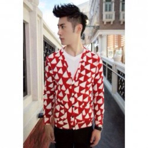Red & white geometric men's cardigan
