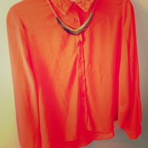 Cute coral/orange top with lace collar