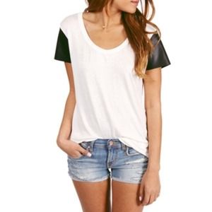 Army green tee with leather sleeves