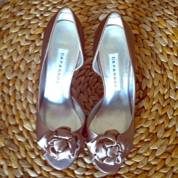Light taupe-champagne satin open-toe heels.
