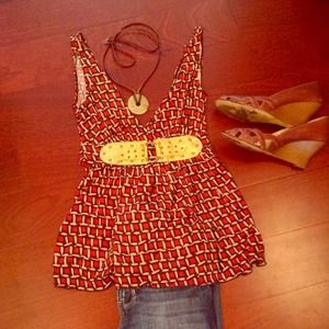 Fun brown dressy silk tank w/ gold detail